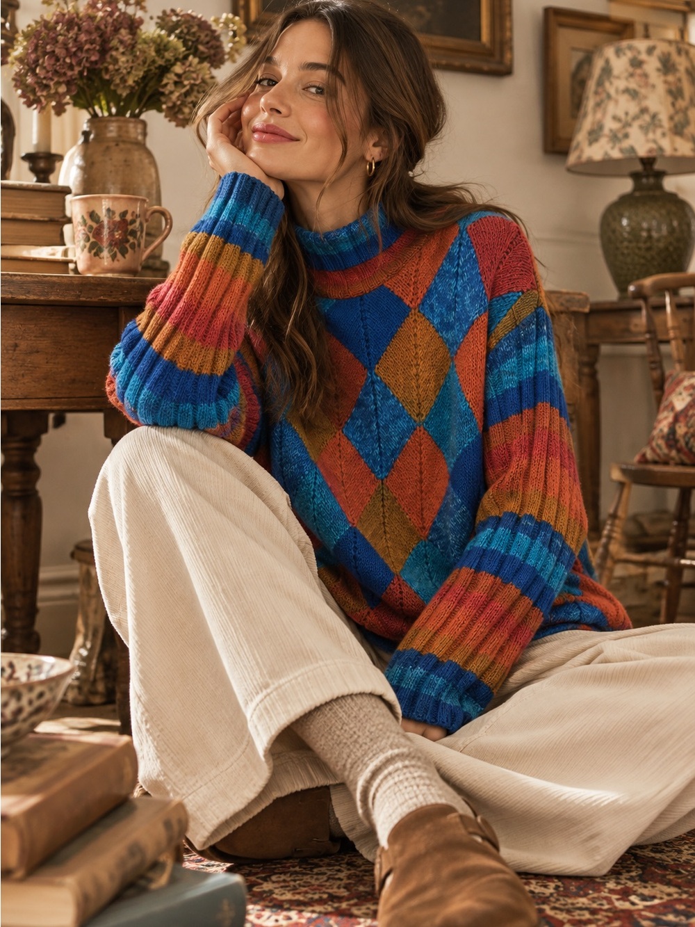 Vintage Spanner Colorblock Wool Blend Argyle Knit Sweater Knit XL Relaxed Fit
